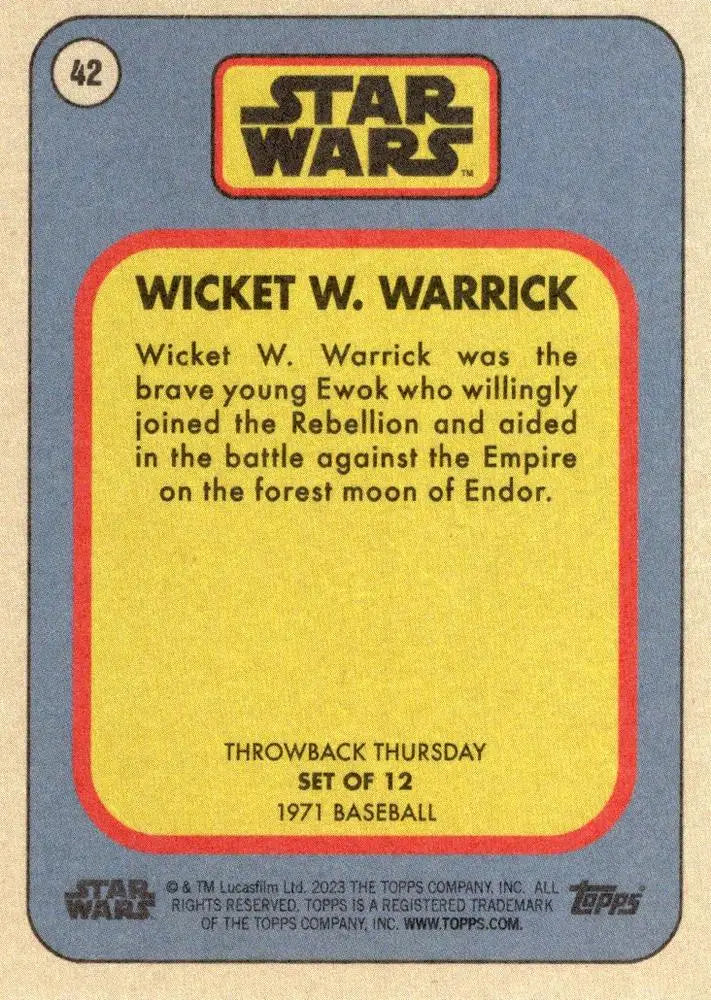 Vintage-style Star Wars trading card featuring Wicket W. Warrick from 1971 Baseball