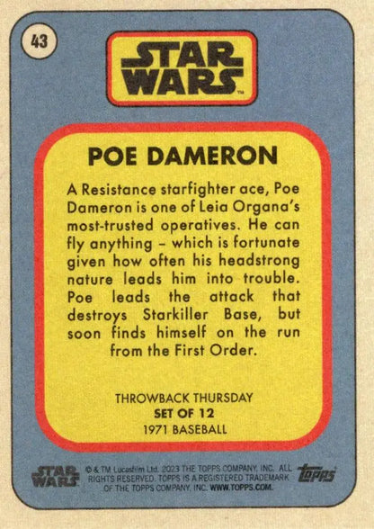 Vintage-style trading card of Poe Dameron from Star Wars with baseball card design
