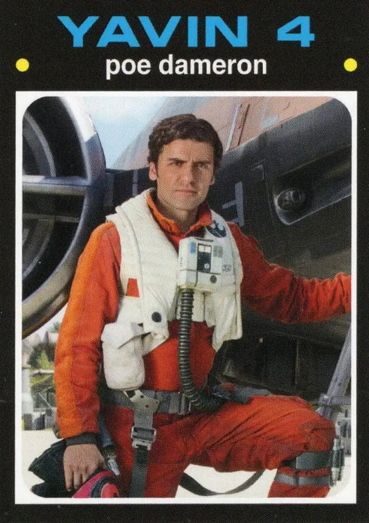 Star Wars trading card of Poe Dameron in orange flight suit from 2023 Throwback Series