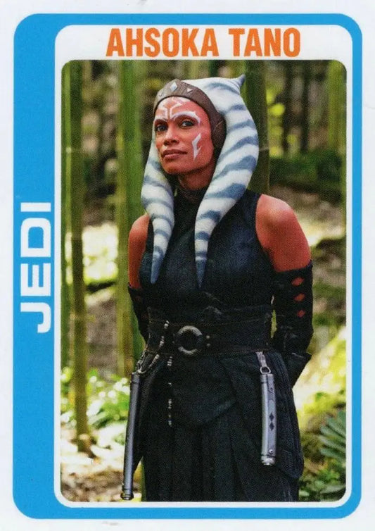 Star Wars trading card showcasing Ahsoka Tano in blue and white headpiece costume