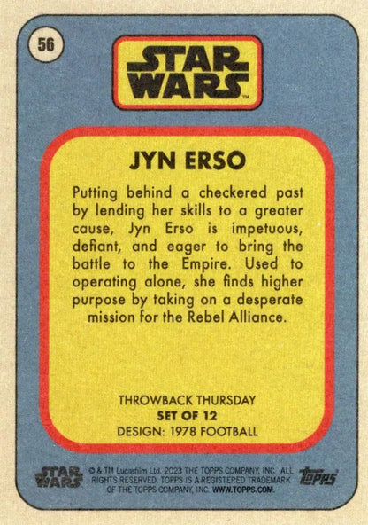 Star Wars trading card of Jyn Erso from Star Wars Throwback Thursday 2023 collection