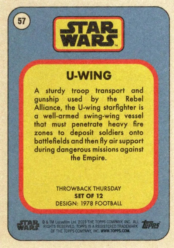 Star Wars trading card showcasing the U-Wing starfighter details from 1978 Football