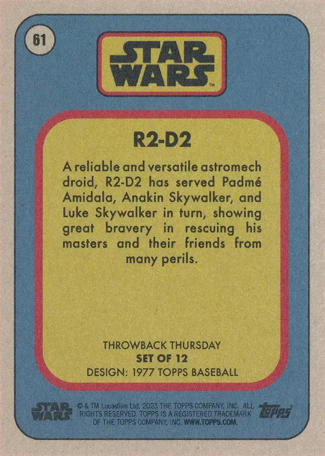 Vintage Star Wars trading card R2-D2 from 1977 Topps Baseball series