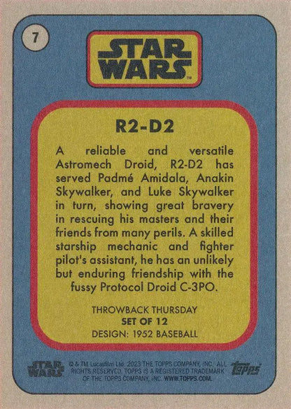 Vintage Star Wars trading card of R2-D2 featured in 2023 Throwback Thursday series