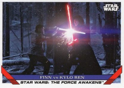 Lightsaber duel in snowy forest at night from Star Wars Trading Cards Finn vs Kylo Ren
