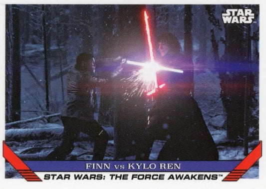 Lightsaber duel in snowy forest at night from Star Wars Trading Cards Finn vs Kylo Ren