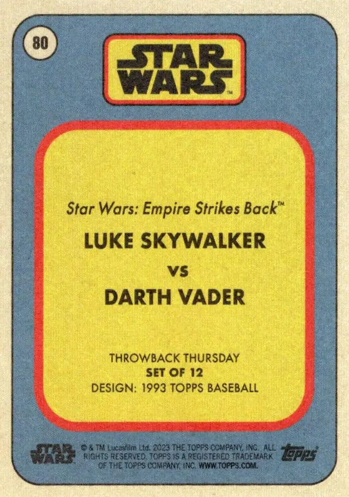 Vintage Star Wars trading card featuring Luke Skywalker vs Darth Vader matchup