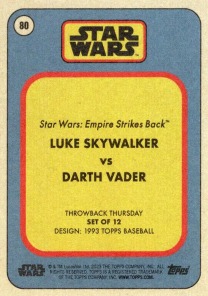 Vintage Star Wars trading card featuring Luke Skywalker vs Darth Vader matchup