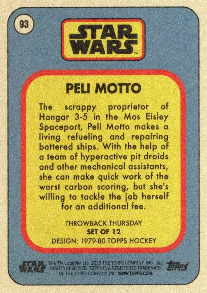 Trading card of Peli Motto from Star Wars in Topps Hockey Throwback Thursday 2023