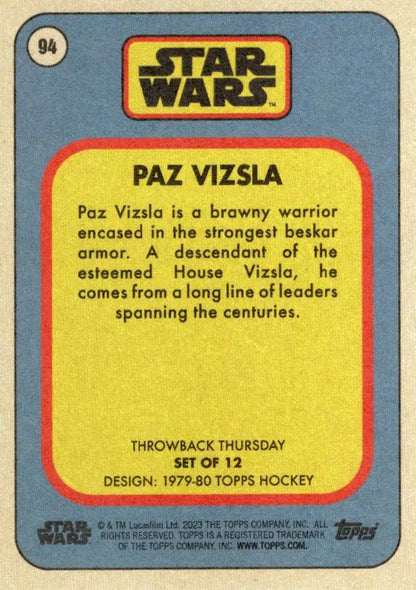 Star Wars trading card for character Paz Vizsla from Topps Hockey 2023 Throwback Thursday