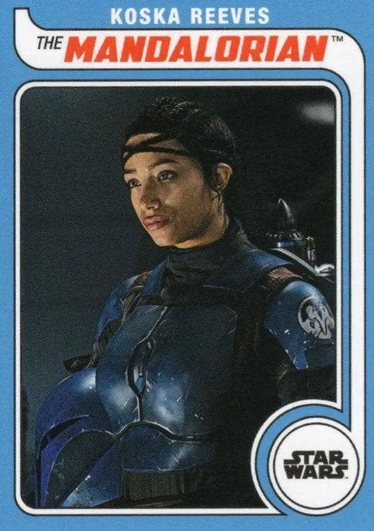 Trading card of Koska Reeves in blue armor from Star Wars on Topps Hockey design