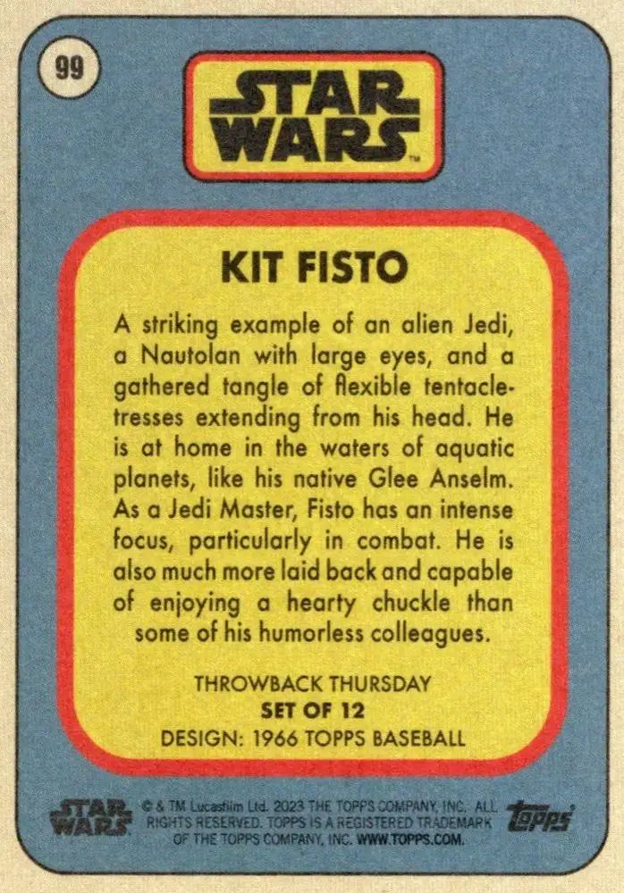 Star Wars trading card of Kit Fisto from Topps Baseball 1966 Throwback Thursday series