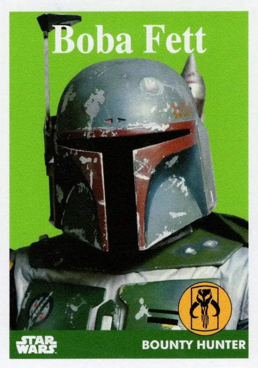 Iconic Mandalorian helmet and armor in green and red featured on Star Wars trading card