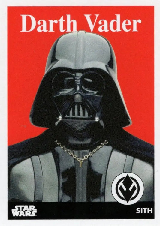 Iconic Darth Vader helmet and mask on red backdrop for Star Wars trading cards