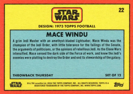 Star Wars trading card of Mace Windu with red and yellow borders from Topps Football