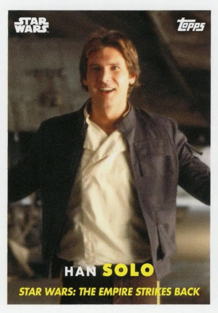 Star Wars trading card of Han Solo in a white shirt and dark jacket, Topps Baseball