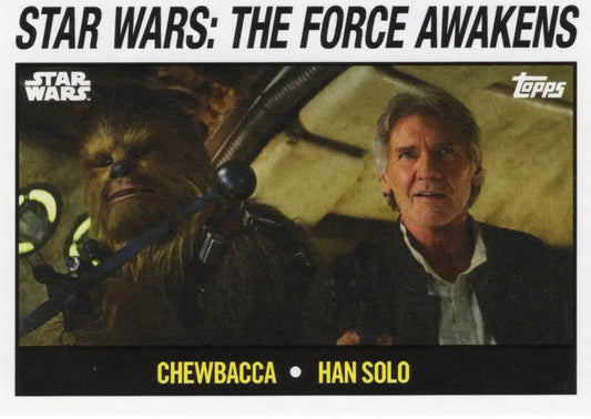 Star Wars trading card featuring Chewbacca and Han Solo in Millennium Falcon cockpit