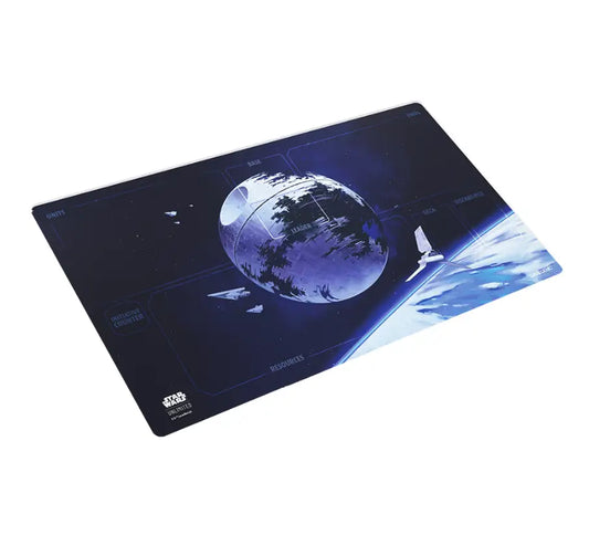 Star Wars-themed game mat featuring the Death Star and space imagery for trading cards