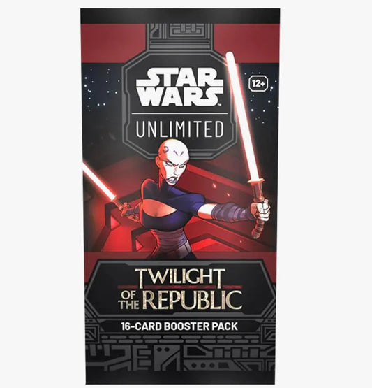 Star Wars Unlimited Twilight of the Republic booster pack with female character wielding two red lightsabers