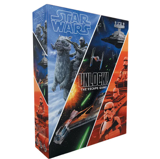 Star Wars UNLOCK! board game box with space battles and Imperial imagery design