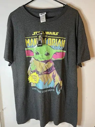 Charcoal gray Star Wars The Mandalorian t-shirt with Grogu in colorful pop art style