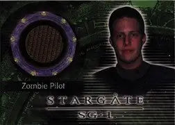 Trading card of a Zombie Pilot in a dark uniform with a purple emblem on green background