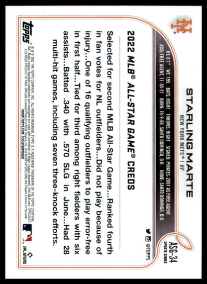 Baseball card back of Starling Marte 2022 Topps Update MLB All-Star Game #ASG-34