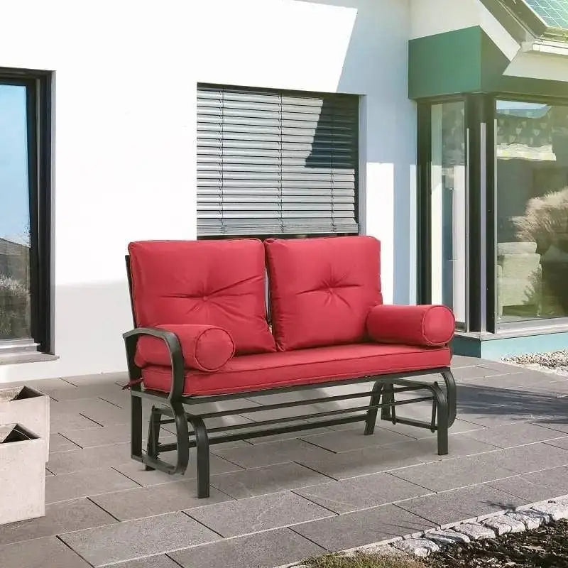 Steel Outdoor Garden Patio Rocking Glider Chair Loveseat with Red Cushions - Porch Swings and Gliders