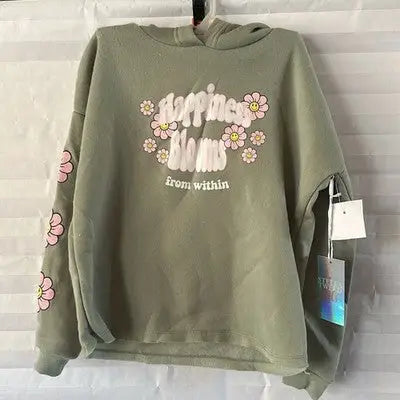 Green hooded sweatshirt with floral graphics and happiness quote, Stella Tweed sage green pullover hoodie