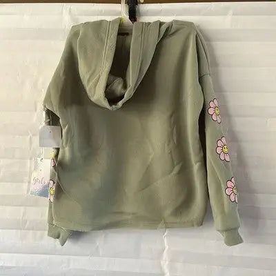 Sage green pullover hoodie with pink daisy smiley faces on sleeves, Stella Tweed style