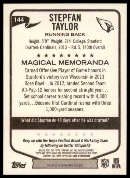 Back of a Topps Magic football trading card featuring Stepfan Taylor Arizona Cardinals