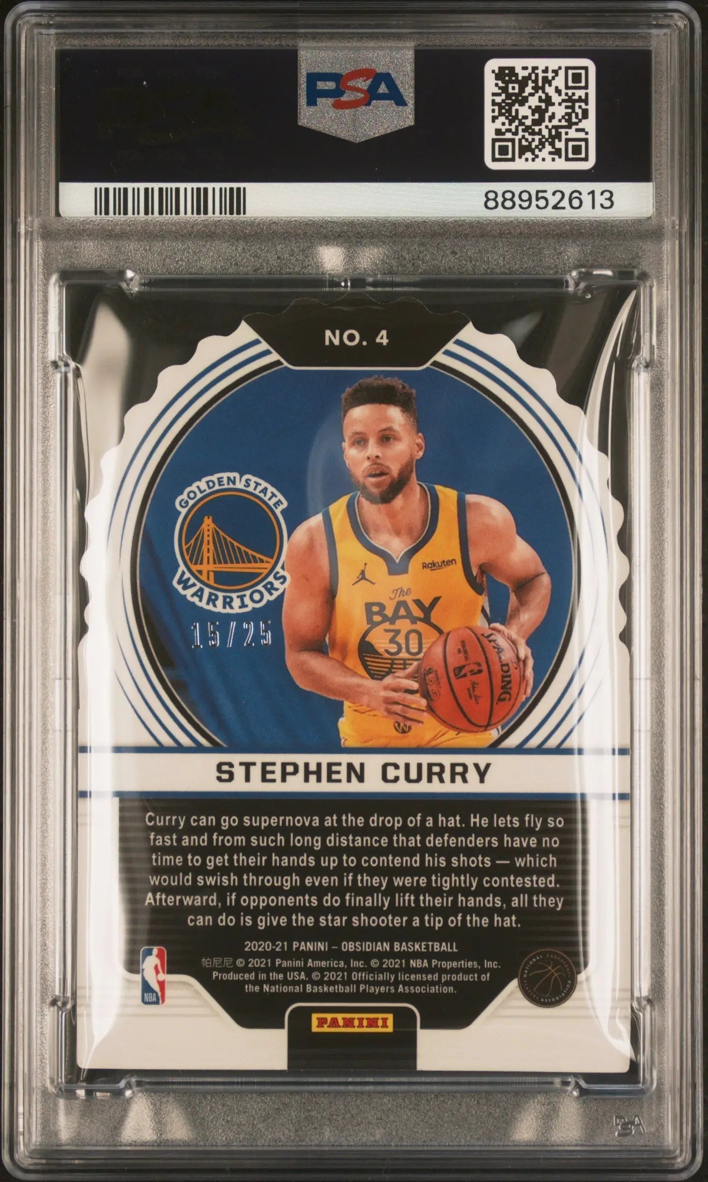 PSA-graded Stephen Curry Obsidian Supernova trading card in yellow BAY jersey