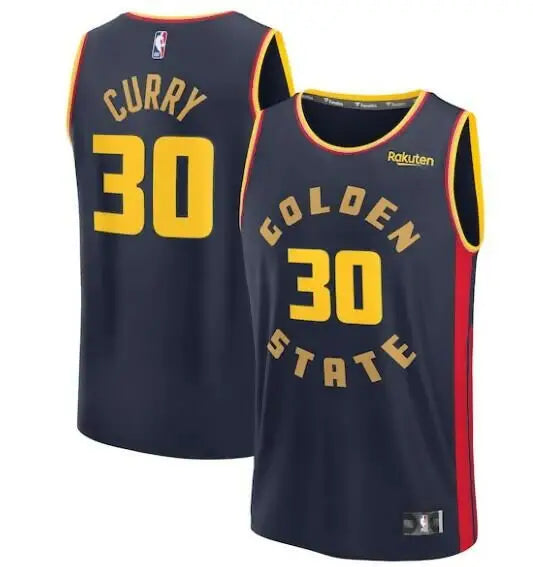Dark blue Stephen Curry Golden State Warriors jersey with gold lettering and red trim