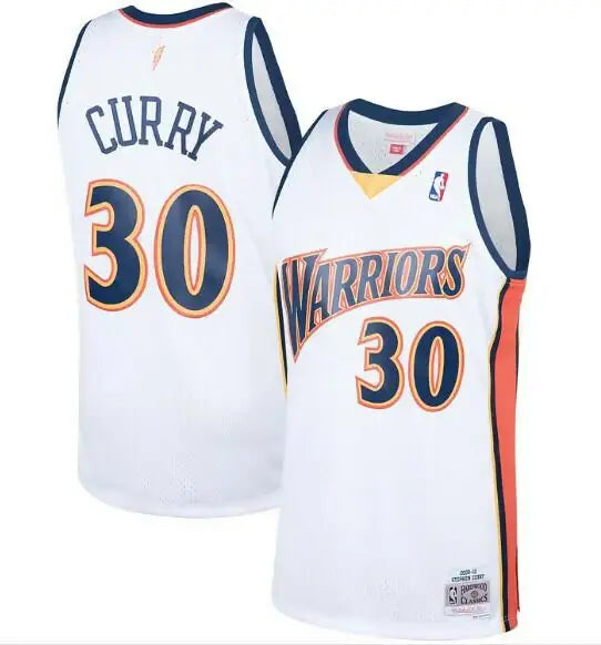 White Golden State Warriors Stephen Curry Hardwood Classics Swingman Jersey with blue and gold accents