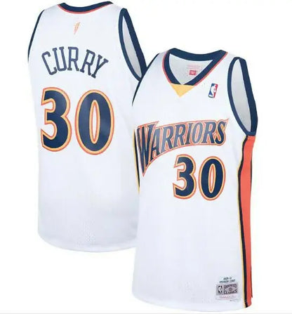 White Golden State Warriors Stephen Curry Hardwood Classics Swingman Jersey with blue and gold accents