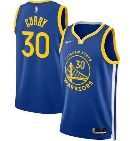 Blue and yellow Stephen Curry Golden State Warriors Nike Swingman Jersey with 30 on back