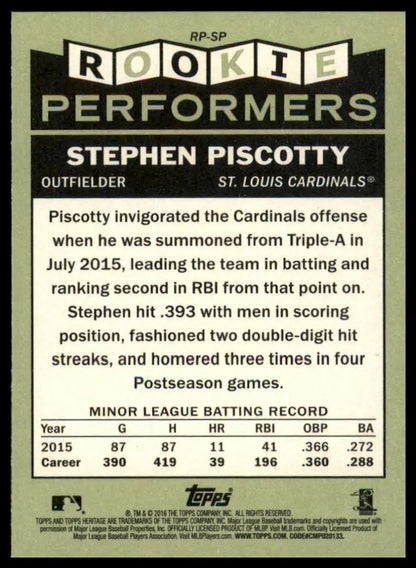 Stephen Piscotty baseball card from Topps Heritage 2016 Rookie Performers series
