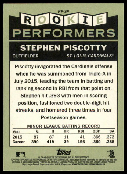 Stephen Piscotty 2016 Topps Heritage Rookie Performers baseball card front display