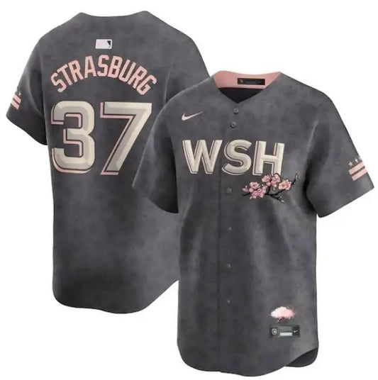 Gray Washington Nationals Nike City Connect jersey with pink accents and cherry blossom embroidery