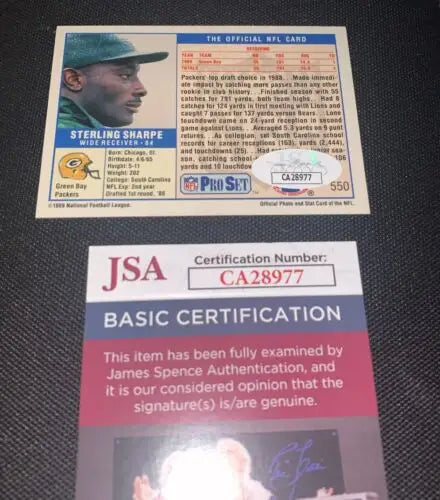 Sterling Sharpe autographed football card, green bay packers rookie with JSA certification