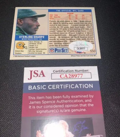 Sterling Sharpe autographed football card, green bay packers rookie with JSA certification