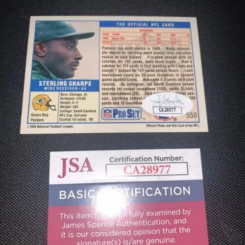Signed Sterling Sharpe 1989 Green Bay Packers Rookie Card #550 JSA Auto RC