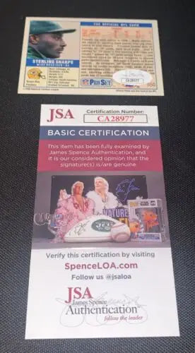 Signed Sterling Sharpe football card with JSA authentication for Green Bay Packers fans