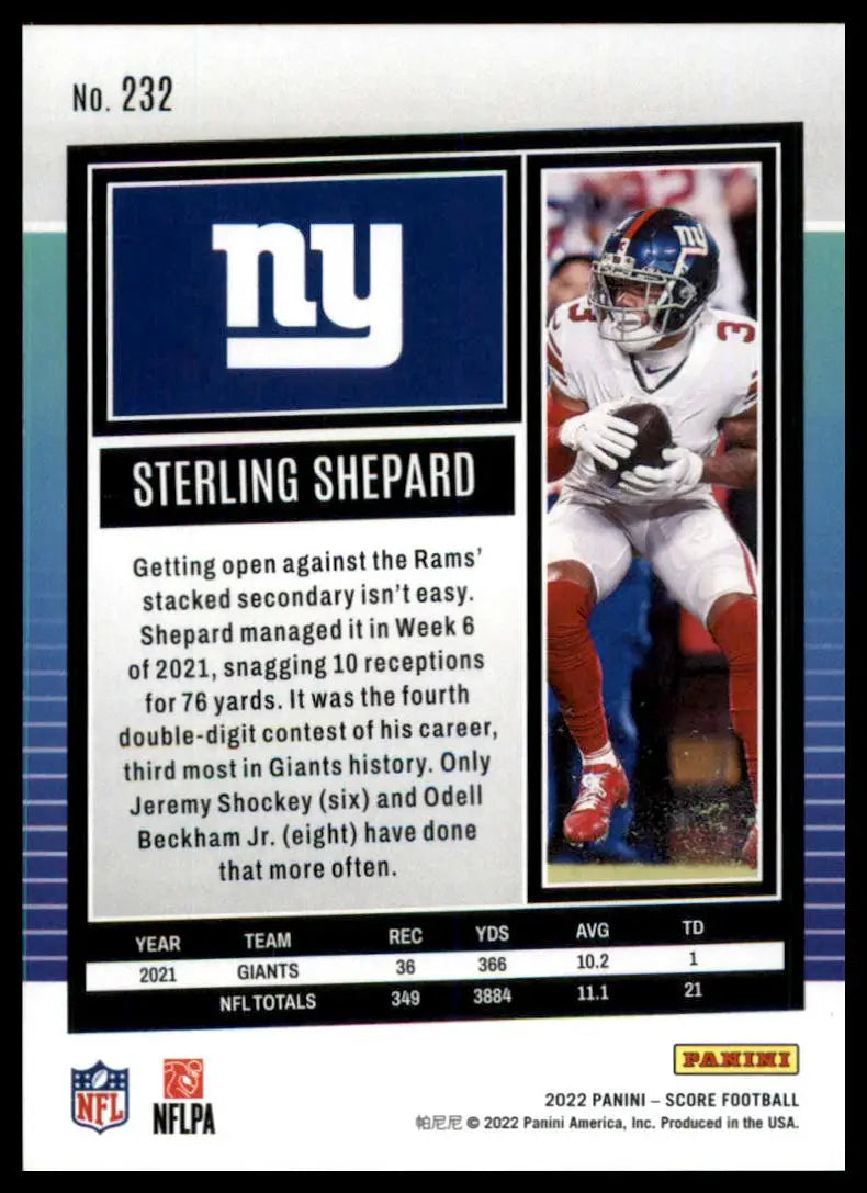 Sterling Shepard football card from 2022 Score series featuring New York Giants player