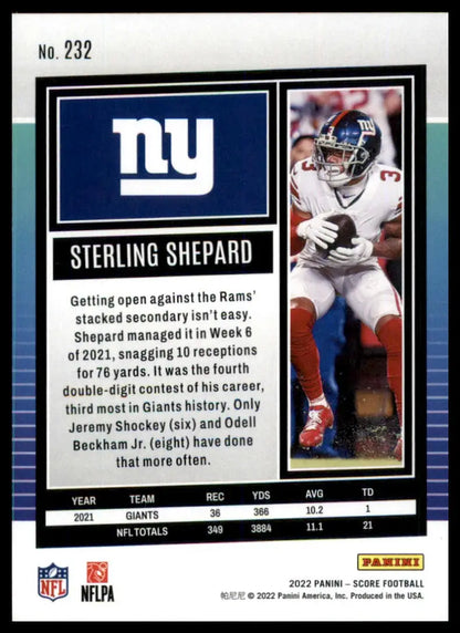Sterling Shepard football card from 2022 Score series featuring New York Giants player