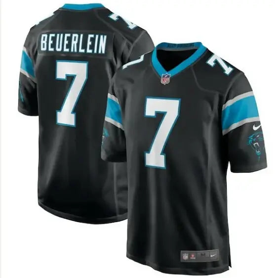 Black Steve Beuerlein Carolina Panthers Nike retired player jersey with white 7 and BEUERLEIN lettering