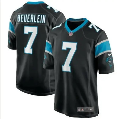 Black Steve Beuerlein Carolina Panthers Nike retired player jersey with white 7 and BEUERLEIN lettering