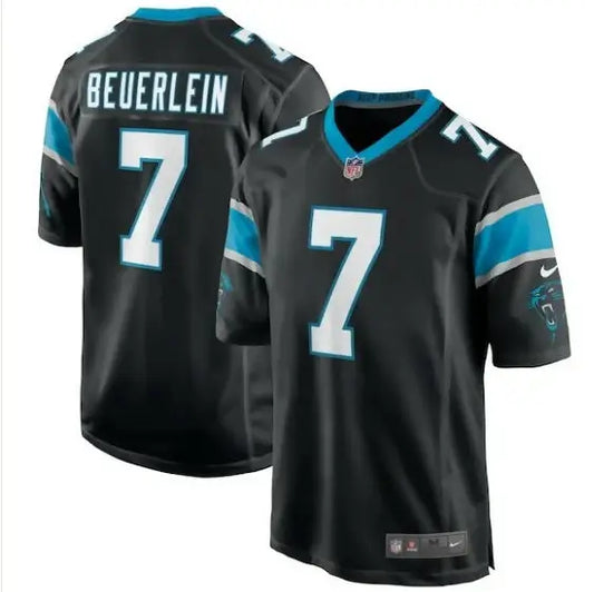 Black Steve Beuerlein Carolina Panthers Nike retired player jersey with white 7 and BEUERLEIN lettering