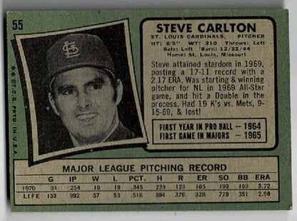 Vintage Steve Carlton baseball card from 1971 Topps with a cyan overprint error