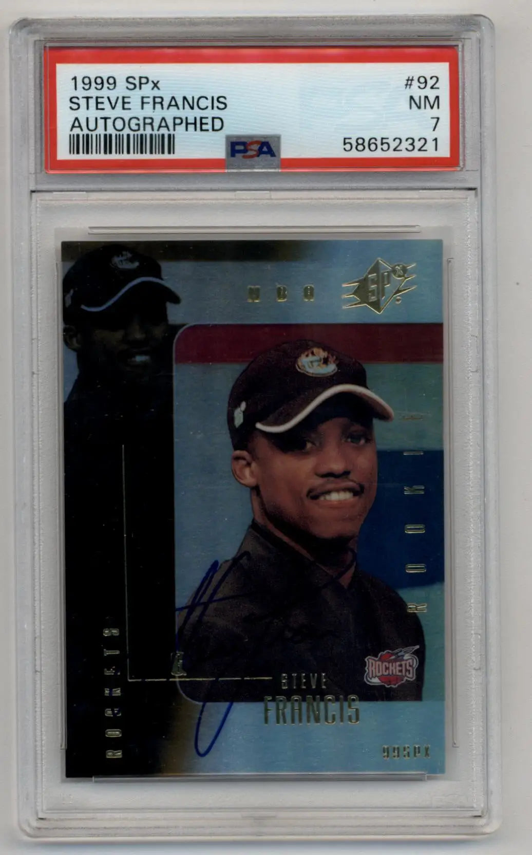 PSA-graded autographed Steve Francis 1999 SPx Auto trading card in protective case